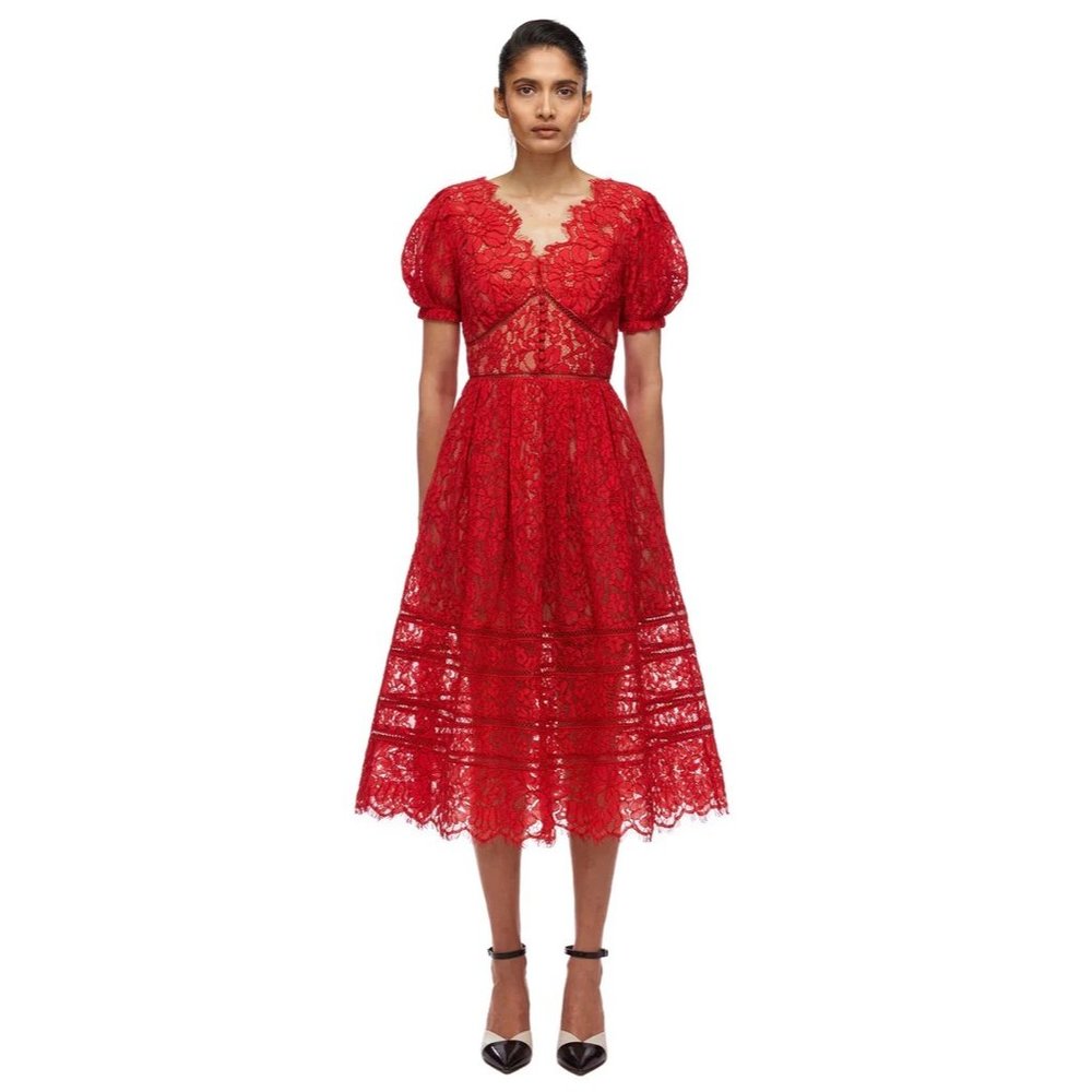 Self Portrait Puff Sleeve Lace Corded Midi Dress